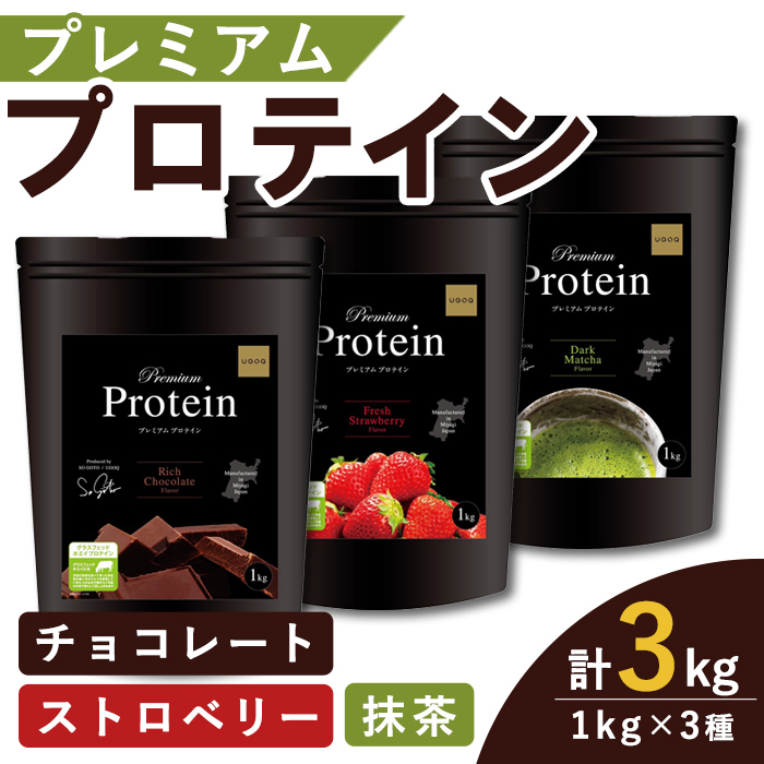 プレミアムプロテイン 3種セット (3種×各1kg) ＜リッチチョコレート味・フレッシュストロベリー味・ダーク抹茶味＞  トレーニング 筋トレ タンパク質 常温  水分補給 ドリンク ジム 国内製造 加工食品 【UGOQ株式会社】 tm334