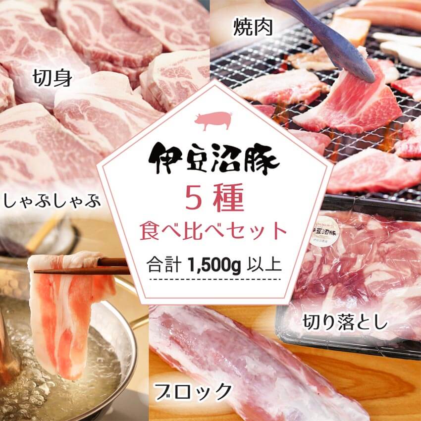 伊豆沼豚 豚肉 5種食べ比べセット 小分けパック 計1.5kg以上(切り落とし・ブロック・焼き肉用・しゃぶしゃぶ用・切り身) 国産 肉 お肉 ロース 肩ロース ヒレ バラ カタ モモ 冷凍 【有限会社伊豆沼農産】tm445