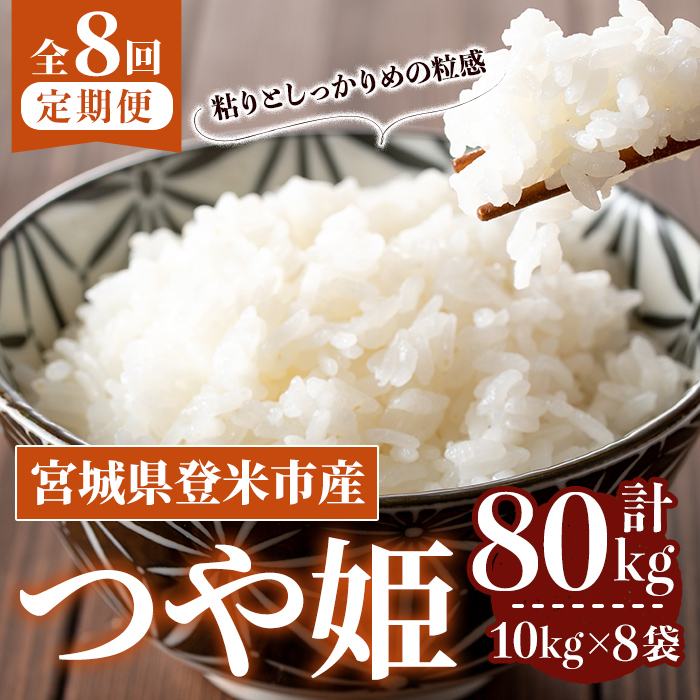 ≪令和7年産≫【8回定期便】つや姫 計80kg(10kg×8回配送) 登米市産 お米 おこめ 米 コメ 白米 ご飯 ごはん おにぎり お弁当 8か月 頒布会【登米ライスサービス株式会社】tm485
