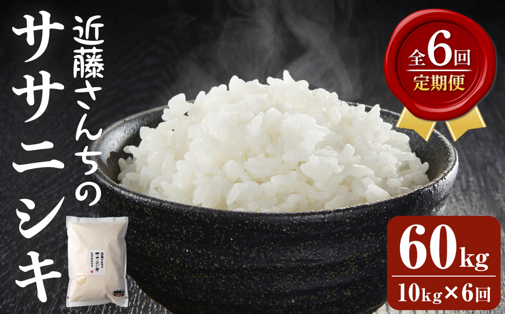 【6回定期便】≪令和7年産≫ ササニシキ 精米 計60kg(10kg×6回) 宮城県登米市産 お米 おこめ 米 コメ 白米 ご飯 ごはん おにぎり お弁当 6か月 頒布会【株式会社近藤農産】tm510