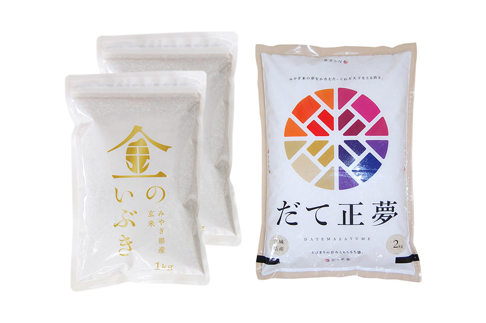 米【玄米】金のいぶき 1kg×2袋【白米】だて正夢 2kg×1袋（合計4kg）2品目 箱入り オリジナルセット