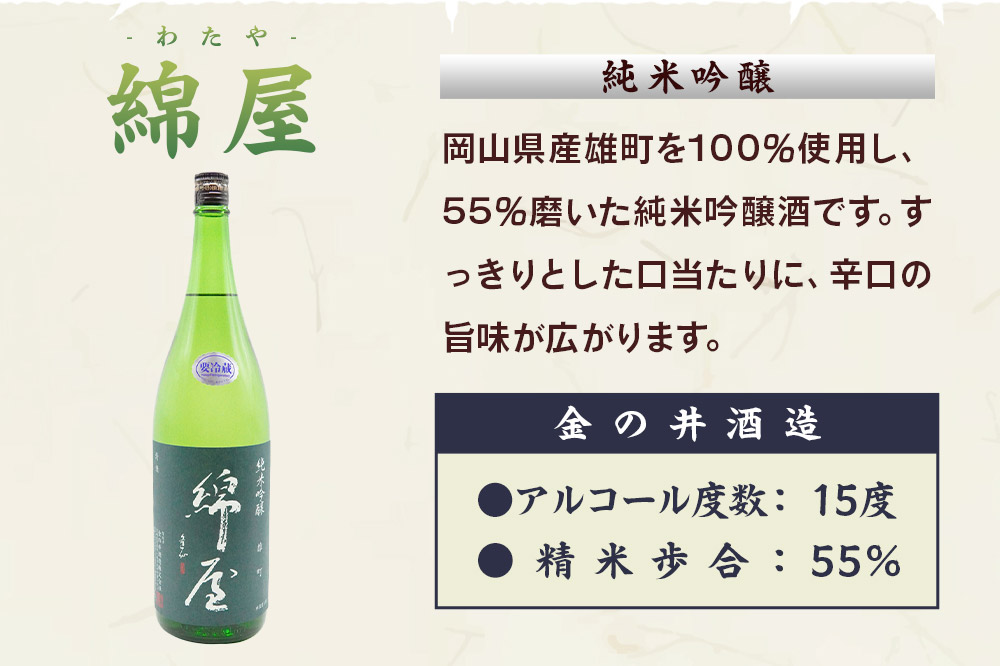 宮城・栗原の純米吟醸「綿屋」1800ml×1本 岡山県産雄町使用