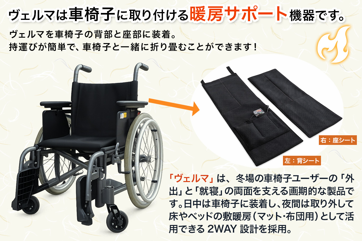 車椅子採暖機器「ヴェルマ」介護用 ヒーター｜車椅子 車いす 床 床シート 冬対策 暖かい 暖め 暖かい 温め 防災用品 寒さ対策 冷え性 防災 睡眠サポート [0365]