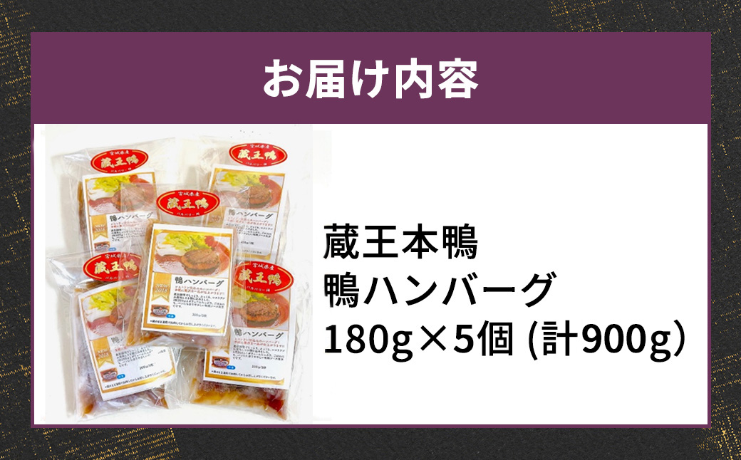 蔵王本鴨 鴨ハンバーグ180g×5個（計900g）　【04301-0880】
