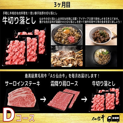 【毎月定期便】A5等級仙台牛【最高等級黒毛和牛Dコース】ステーキ・すき焼き・切り落とし 全3回【配送不可地域：離島】