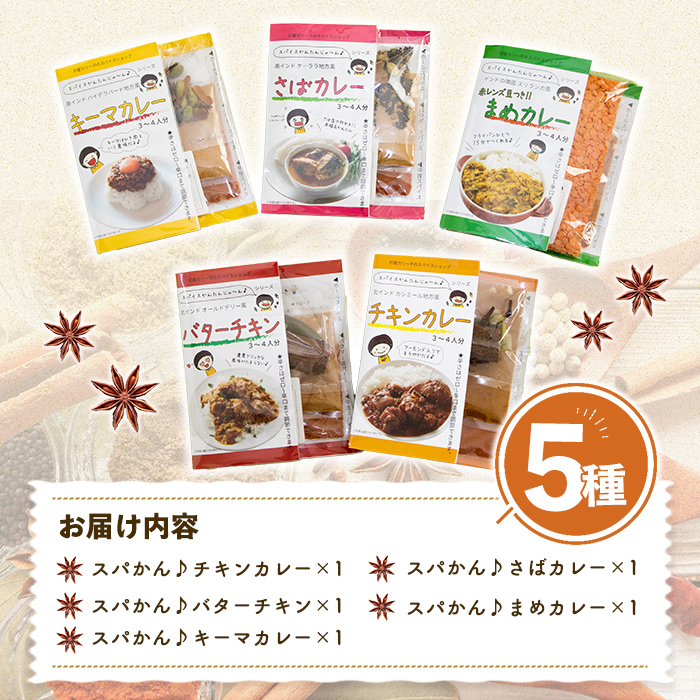 印度カリー子 スパイスキットセット ＜5種類＞ スパイスカレー スパイス 香辛料 カレー カレーライス ごはん ご飯 お弁当【はらから福祉会】sh086