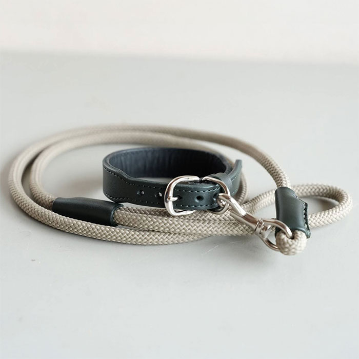 牛革で作った小型犬用の首輪とリードのセット ＜21.5cm～27.5cm＞ グリーン 首輪 リード 牛革 本革 ペット用品 ペットグッズ 犬用品 お散歩グッズ 小型犬【トリノネストア】sh103-C