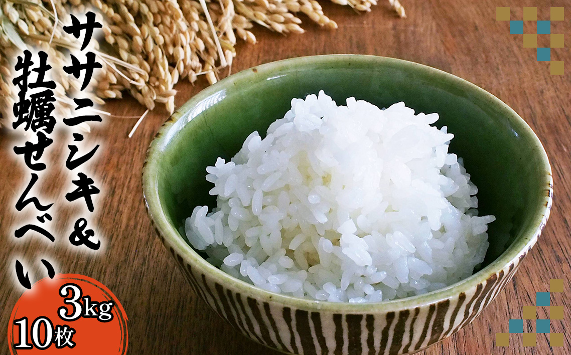 宮城県松島町産ササニシキ3kg、小さなカキとコメと10枚入りセット