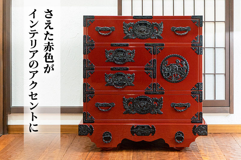 仙台箪笥 中型車箪笥 朱色漆塗り KEB-18 （お申込書返送後3ヶ月～8ヶ月以内でお届け） 欅産業 たんす 家具 収納 インテリア [欅産業 仙台箪笥 タンス たんす 高級 工芸品 伝統]