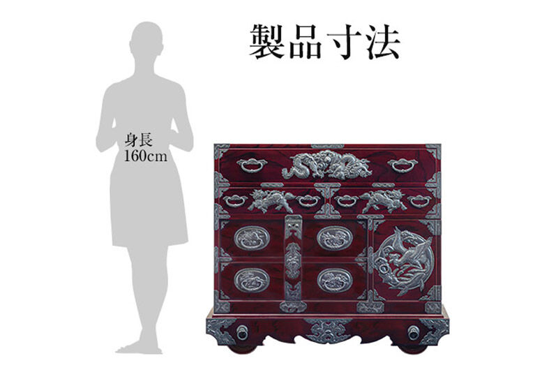 【彫金手打金具】 仙台箪笥 閂型車箪笥 ≪竜・唐獅子・鳳凰≫ 木地呂漆塗り KD-48D （お申込書返送後8ヵ月～12ヵ月程度でお届け） 欅産業 たんす 家具 収納 インテリア [欅産業 仙台箪笥 タンス たんす 高級 工芸品 伝統]