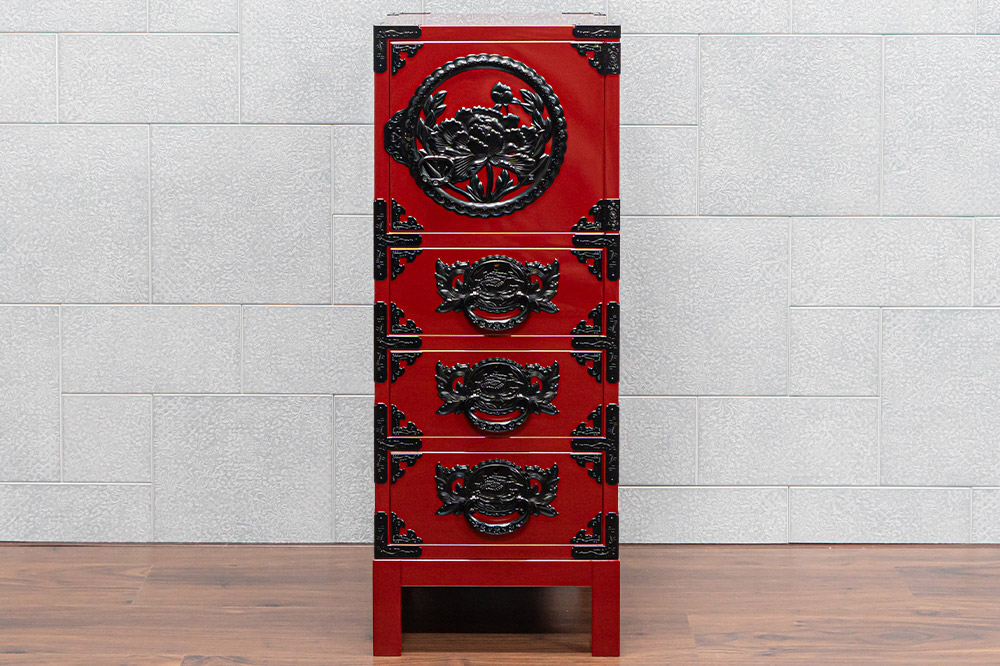 仙台箪笥 35巾脚付すきまチェスト 朱色漆塗り KEB-120B（お申込書返送後3ヵ月～8ヵ月程度でお届け）