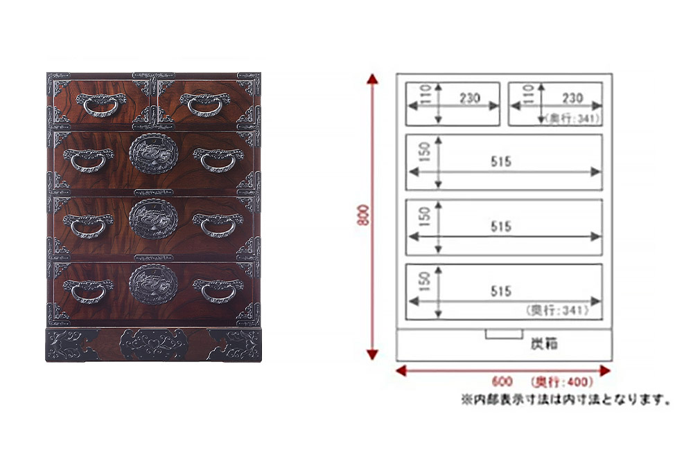 仙台箪笥 五ツ抽箪笥 拭き漆塗り (申込書返送後、1ヶ月～6ヶ月程度でお届け)