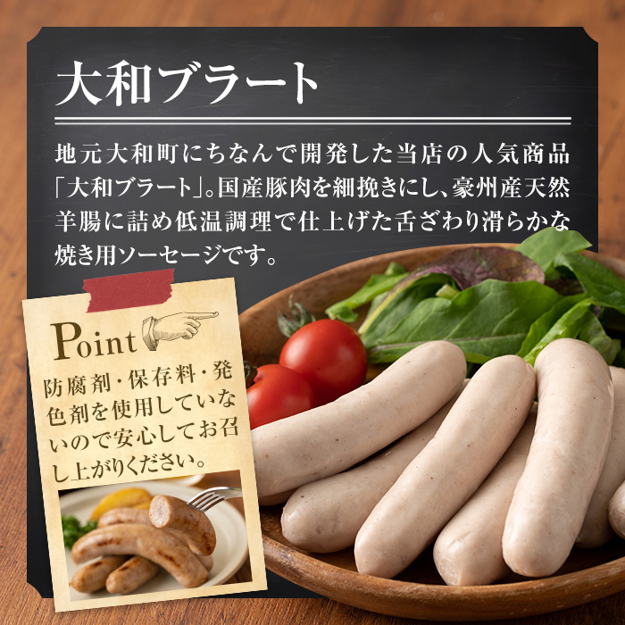 国産豚肉使用！大和町特産品ソーセージのセット(100g×10パック) 行者菜入り 大和ブラート 手作り あらびき 粗挽き 細挽き 肉 加工品 小分け 食べ比べ 冷蔵 おつまみ BBQ バーベキュー【有限会社コブレンツ】ta296