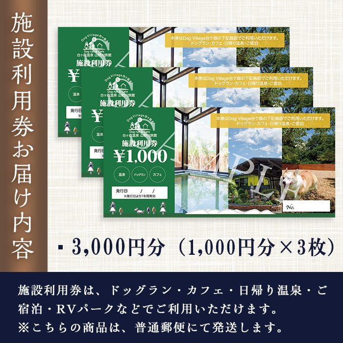 台ケ森温泉 山野川旅館 DogVillage台ケ森 施設利用券 3,000円分 ドッグラン 宿泊 日帰り温泉 温泉旅館 ペット 大型犬 中型犬 小型犬 カフェ【山野川旅館】ta196