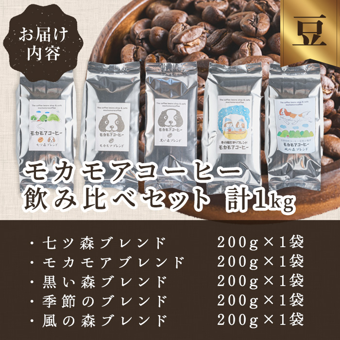自家焙煎珈琲豆 飲み比べセット(豆) 200g×5種 計1kg 中煎り 中深煎 深煎り 季節のブレンド コーヒー 珈琲 コーヒー豆 焙煎 スペシャルティコーヒー セット【モカモアコーヒー】ta511-A