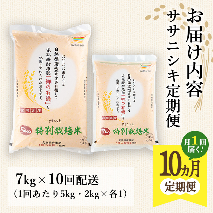 ＜10か月定期便＞特別栽培米 ササニシキ 7kg×10回 (全70kg) お米 おこめ 米 コメ 白米 ご飯 ごはん おにぎり お弁当 有機質肥料 頒布会【JA新みやぎ】ta227