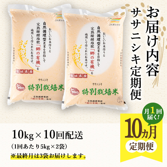 ＜10か月定期便＞特別栽培米 ササニシキ 100kg+5kg お米 おこめ 米 コメ 白米 ご飯 ごはん おにぎり お弁当 有機質肥料 頒布会【JA新みやぎ】ta230
