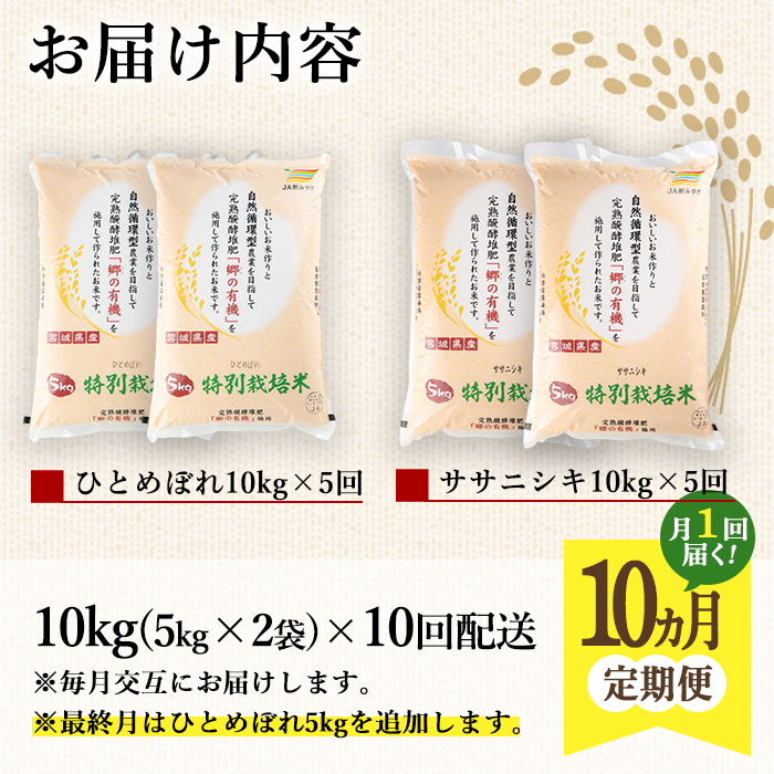 ＜10ヶ月定期便＞特別栽培米 ひとめぼれ・ササニシキ 100kg+5kg お米 おこめ 米 コメ 白米 ご飯 ごはん おにぎり お弁当 有機質肥料 頒布会【JA新みやぎ】ta231