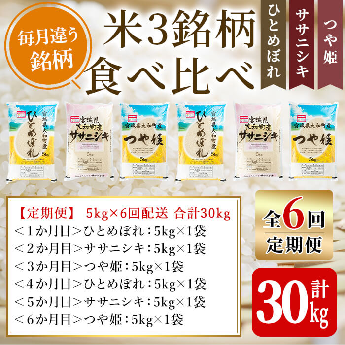 【令和7年産】＜6か月定期便＞特別栽培米 食べ比べ (ひとめぼれ ササニシキ つや姫) 合計30kg (5kg×6回) お米 おこめ 米 コメ 白米 ご飯 ごはん おにぎり お弁当 頒布会【農事組合法人若木の里】ta259