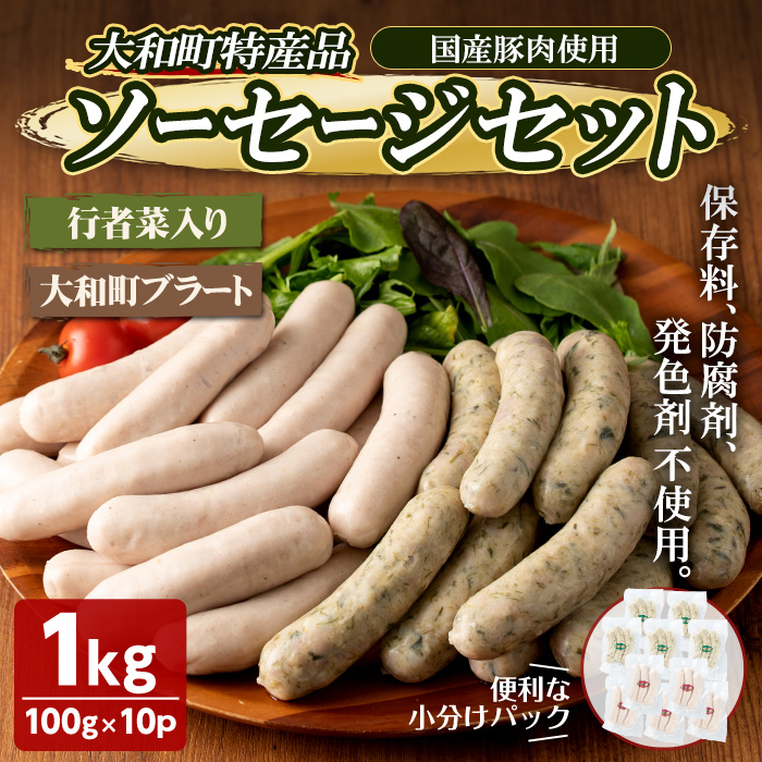 国産豚肉使用！大和町特産品ソーセージのセット(100g×10パック) 行者菜入り 大和ブラート 手作り あらびき 粗挽き 細挽き 肉 加工品 小分け 食べ比べ 冷蔵 おつまみ BBQ バーベキュー【有限会社コブレンツ】ta296