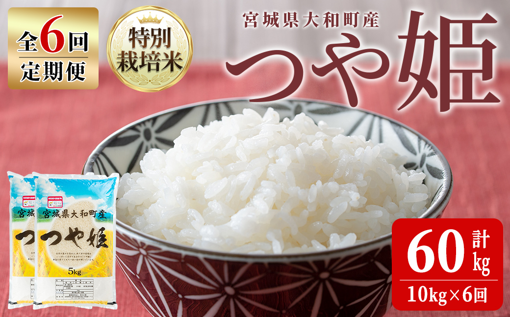 【令和7年産】＜6か月定期便＞特別栽培米 つや姫 10kg×6回(合計60kg) お米 おこめ 米 コメ 白米 ご飯 ごはん おにぎり お弁当 頒布会【農事組合法人若木の里】ta550