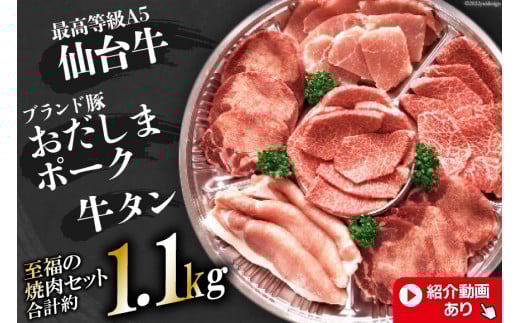 ＜肉職人厳選＞最高等級A5仙台牛・牛タン・ブランド豚おだしまポーク　至福の焼肉セット(約1.1kg) 牛タン 焼肉 牛肉 豚肉 ＜関精肉畜産＞【宮城県加美町】