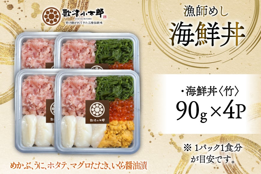 海鮮丼 漁師めし 〈竹〉 90g 4パック [橋本水産食品 宮城県 南三陸町 m304amh590027] 魚介 魚介類 魚 海鮮 海鮮丼 丼 鮪 まぐろ マグロ まぐろたたき 小分け 個包装 冷凍 三陸 ホタテ 帆立 ほたて