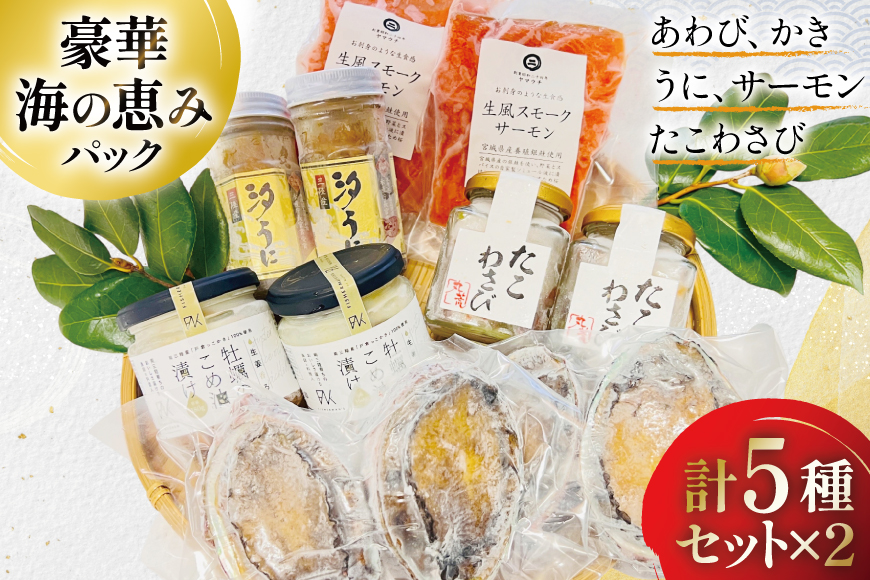 豪華 海鮮5種 たっぷり海の恵みパック [たみこの海パック 宮城県 南三陸町 m304amh560092] 魚介類 海鮮 うに ウニ アワビ あわび 鮑 サーモン 銀鮭 鮭 牡蠣 カキ たこわさび 詰め合わせ