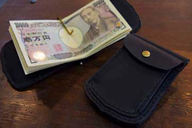 高級牛革 手縫い マネークリップウォレット  (ブラック) 革細工工房ROVER（ローバー） マネークリップ コインケース カードケース