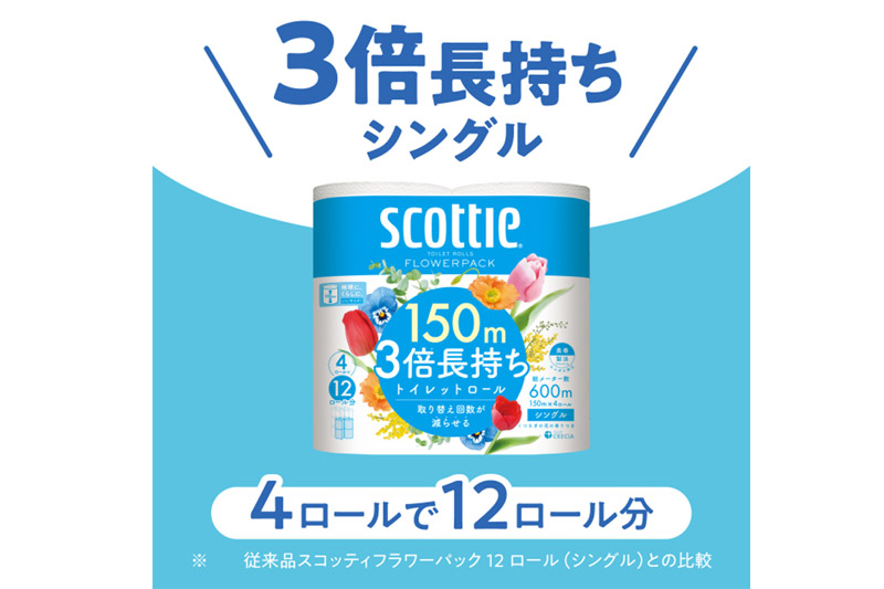 スコッティ トイレットペーパー フラワーパック シングル〈香り付〉3倍長持ち4ロール×1パック 秋田市オリジナル 最短翌日発送