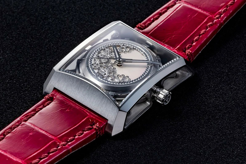 【ミナセ×JIKODO×秋田銀線細工】秋田県産高級腕時計 「サキホコル」シリーズ「桜見月（さくらみづき）」（１）ステンレスモデル VM07-LGIS01-SD