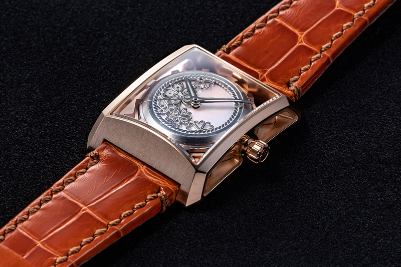 【ミナセ×JIKODO×秋田銀線細工】秋田県産高級腕時計 「サキホコル」シリーズ「桜見月（さくらみづき）」（３）ステンレス＋ピンクゴールドコーティングモデル VM07-LGIS03-SD