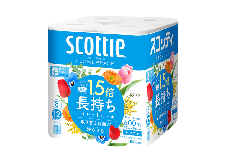 トイレットペーパー スコッティ フラワーパック 1.5倍長持ち〈香り付〉8ロール(シングル)×8パック