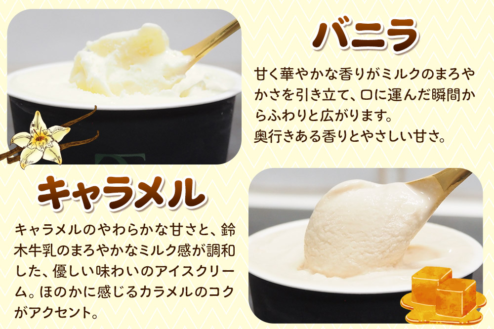 秋田市産 鈴木牛乳の低温殺菌牛乳を使用したアイスクリーム 5種（リッチミルク、バニラ、ショコラ、キャラメル、ピスタチオ）