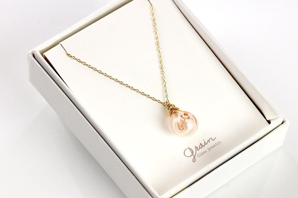 しずくネックレス 【ピンク】ガラスジュエリー Glass Jewelry grain アクセサリー 秋田