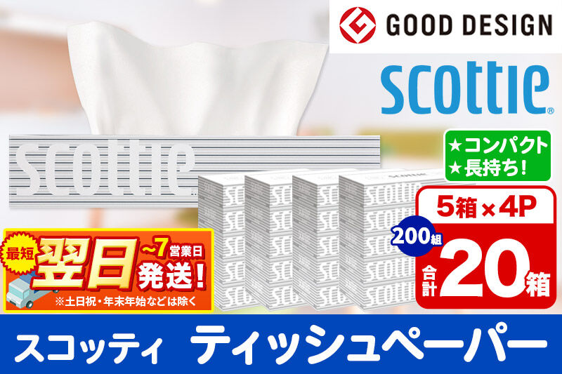 ティッシュペーパー スコッティ 200組 20箱(5箱×4パック) ティッシュ 秋田市オリジナル 最短翌日発送 新生活