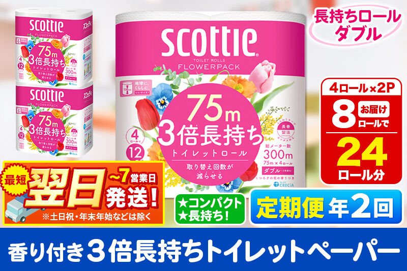 《6ヶ月ごとに2回お届け》定期便 トイレットペーパー スコッティ フラワーパック 3倍長持ち〈香り付〉4ロール(ダブル)×2パック 秋田市オリジナル 最短翌日発送 新生活 新生活