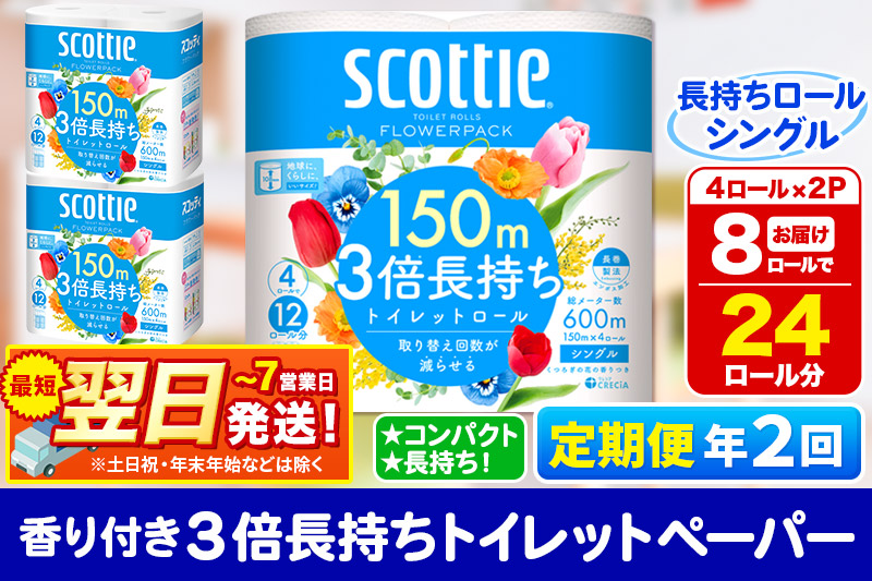 《6ヶ月ごとに2回お届け》定期便 トイレットペーパー スコッティ フラワーパック 3倍長持ち〈香り付〉4ロール(シングル)×2パック 秋田市オリジナル 最短翌日発送