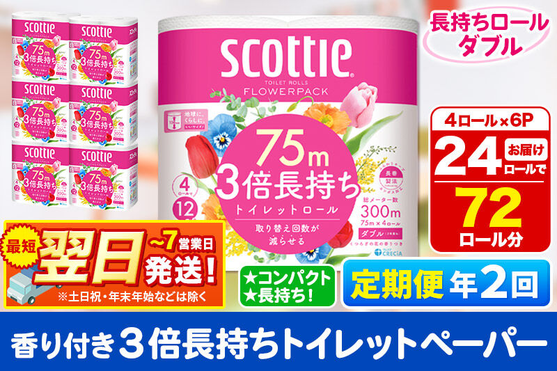 《6ヶ月ごとに2回お届け》定期便 トイレットペーパー スコッティ フラワーパック 3倍長持ち〈香り付〉4ロール(ダブル)×6パック 秋田市オリジナル 最短翌日発送 新生活 新生活
