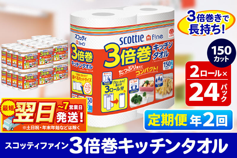 《6ヶ月ごとに2回お届け》定期便 キッチンペーパー スコッティ ファイン 3倍巻キッチンタオル 150カット 2ロール×24パック 最短翌日発送 [キッチンペーパー 定期便]