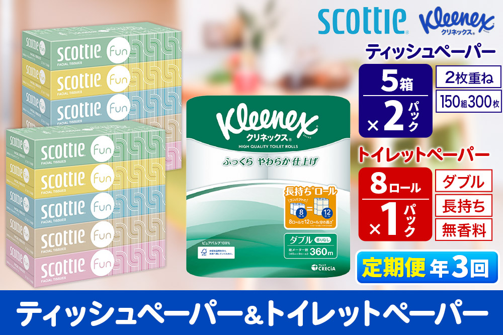 《4ヶ月ごとに3回お届け》定期便 クリネックス トイレットペーパー 長持ちロール ダブル 8ロール×1パック ＆ ティッシュペーパー スコッティ ファン 150組 5箱×2パック 秋田市オリジナル