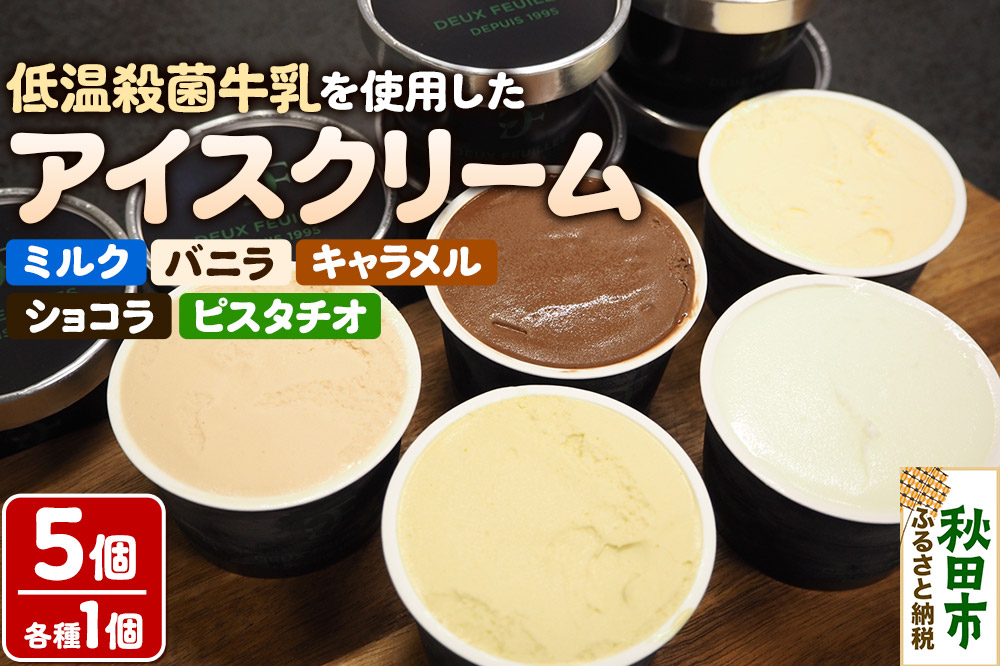 秋田市産 鈴木牛乳の低温殺菌牛乳を使用したアイスクリーム 5種（リッチミルク、バニラ、ショコラ、キャラメル、ピスタチオ）