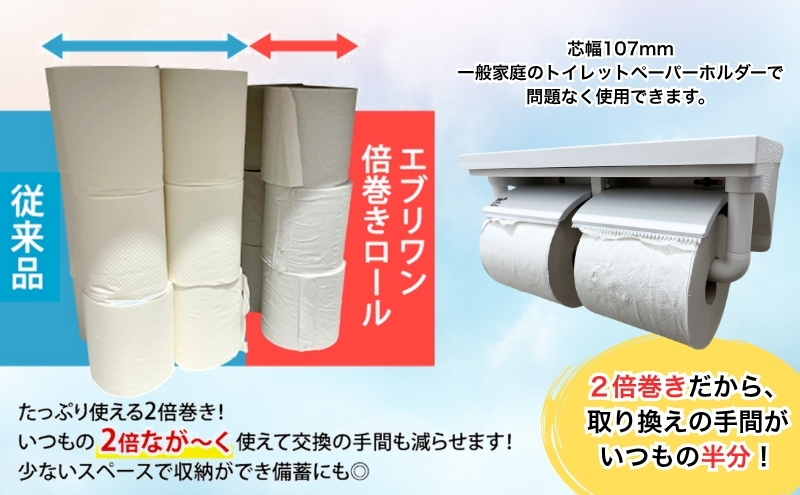 【3ヵ月毎 計2回お届け 定期便】トイレットペーパー エブリワン2倍巻ロール 12ロール×6パック 計72個 ×2回 ダブル 50m 倍巻 省スペース 日用品 消耗品 防災 備蓄 無香料 香料不使用 たっぷり使える リサイクル