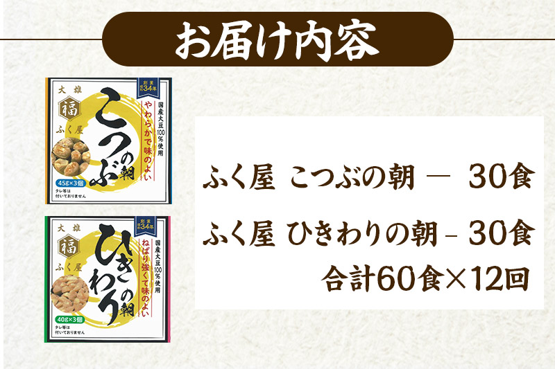 《定期便12ヶ月》ふく屋 納豆2種セット(こつぶ・ひきわり)  計60食入(各30食)
