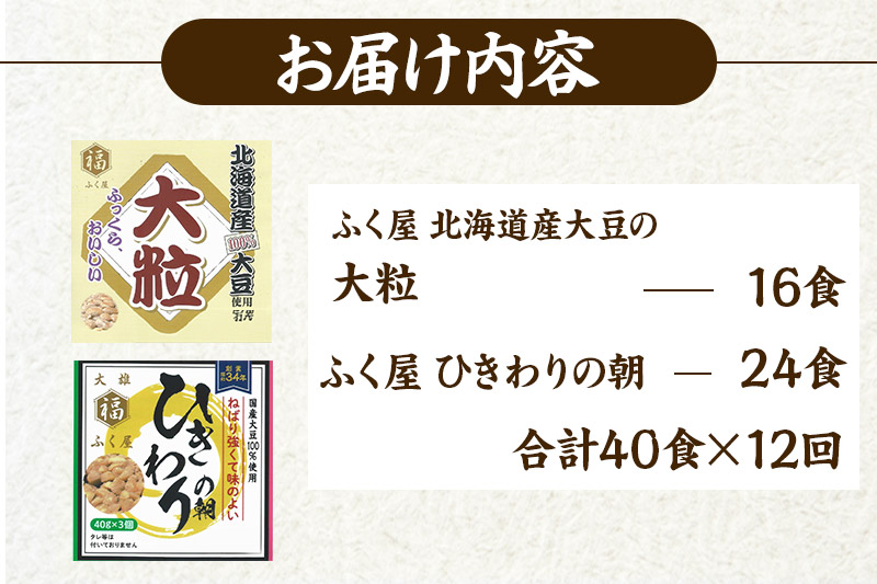 《定期便12ヶ月》ふく屋 納豆2種セット(大粒・ひきわり) 計40食入(大粒×16食／ひきわり×24食)