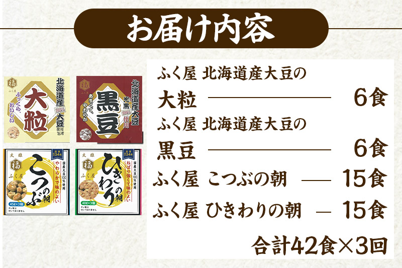 《定期便3ヶ月》ふく屋 納豆4種セット(大粒・黒豆・こつぶ・ひきわり)  計42食入(大粒・黒豆×各6食／こつぶ・ひきわり×各15食)