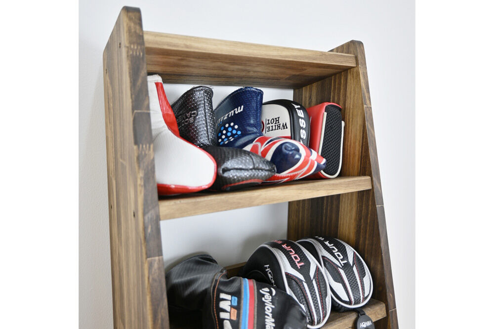 WOODWORKS ヘッドカバー＆マルチラック 【本体カラー：ダークブラウン】完成品 [ゴルフ ヘッドカバー 収納ラック 木製 ゴルフ用品 収納 ゴルフラック ゴルフ収納棚 ヘッドカバー収納 ディスプレイラック ゴルフグッズ収納 シミュレーションゴルフ]