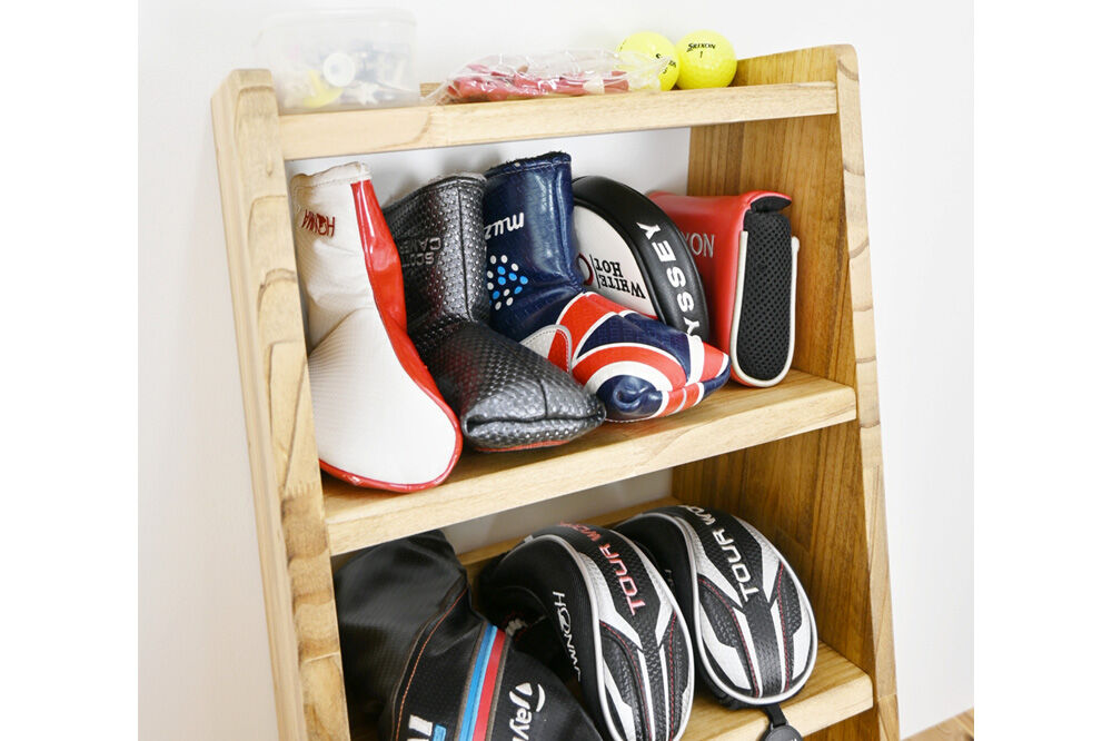 WOODWORKS ヘッドカバー＆マルチラック 【本体カラー：ライトブラウン】完成品 [ゴルフ ヘッドカバー 収納ラック 木製 ゴルフ用品 収納 ゴルフラック ゴルフ収納棚 ヘッドカバー収納 ディスプレイラック ゴルフグッズ収納 シミュレーションゴルフ]