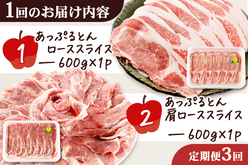 《定期便3ヶ月》 秋田県横手市産 あっぷるとん ローススライス＆肩ローススライス詰合せ 合計1.2kg（600g×各1パック）豚肉