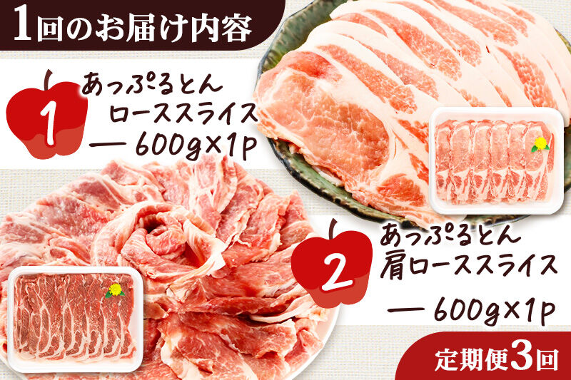 《定期便3ヶ月》 秋田県横手市産 あっぷるとん ローススライス＆肩ローススライス詰合せ 合計1.2kg（600g×各1パック）豚肉 [ブランド豚 あっぷるとん 豚肉 ぶた肉 ブタ肉 セット 詰め合わせ 詰合せ ロース 肩ロース スライス 秋田県 横手市 3か月 3ヵ月 3カ月 3ケ月]